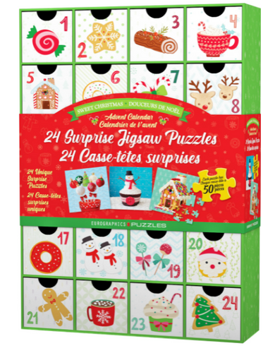 Picture of the front of the calendar with 24 slots for mini puzzles with the images of the puzzle on the front